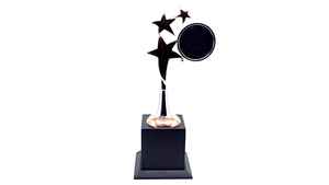Trofeo de premio con diseño de estrella doble y distintivo redondo, con acabado metálico y base sólida para reconocimiento de logros corporativos - Product Image 2