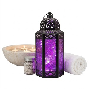 Wholesale Purple Glass Metal Moroccan Decorative <b>Candle</b> <b>Lantern</b> For Indoor Outdoor Home Patio Wedding Party Decoration On Sale - Product Image 1