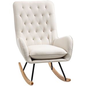 Poltrona a dondolo imbottita color crema in stile Mid-Century con schienale a orecchioni e base in legno di gomma, ideale per studio, camera da letto e relax - Product Image 1