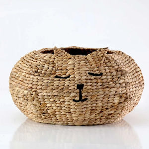 Panier rond en jacinthe d'eau avec motif visage de chat, panier de rangement fait main, vente en gros, écologique, fabriqué au Vietnam - Product Image 1