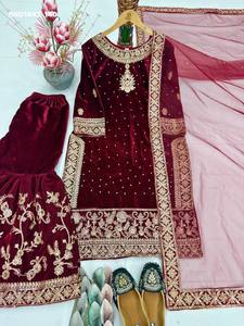 Colección Premium 9000: Conjunto de traje largo Sharara de terciopelo con lentejuelas y remaches, hecho a mano. Colección de exportación india. - Product Image 3