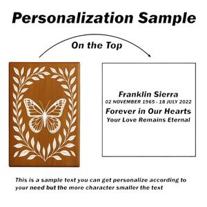 Caja de madera rústica con mariposa grabada, urna de recuerdo para cenizas humanas, tamaño mediano 9x5.5. - Product Image 6