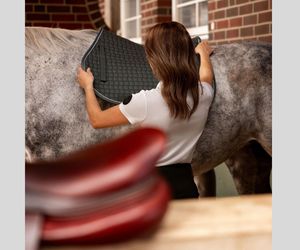 Vente en gros de tapis de selle 100% coton pour chevaux, tout usage, dressage, équitation, rembourrage doux, garniture carrée bicolore, coque en cuir, polaire - Product Image 5