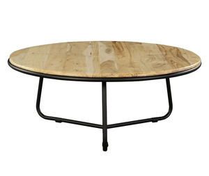 Table basse de salon de forme ronde industrielle avec plateau en bois d'acacia blanchi clair et structure en métal tubulaire noir à 3 pieds - Product Image 1
