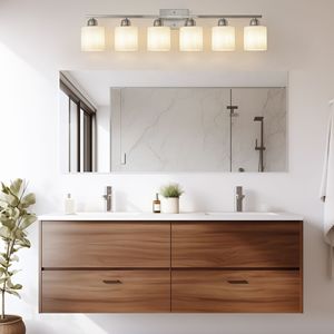 Lampada da Parete per Bagno a 6 Luci in Nichel da 38 Pollici con Paralume in Vetro Bianco Opaco, Illuminazione Elegante per Vanità - Product Image 2