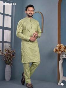 Conjunto de Kurta-Polo y Pantalón para Hombre de Alta Calidad en Algodón Puro con Patrón de Rayas en un Solo Lado, Cuello Mao y Manga Larga, a Precio de Mayoreo - Product Image 5