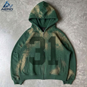 OEM ODM Service Custom <b>Mens</b> Vintage Washed Zip Up Hoodies Graphic Number Print Acid <b>Wash</b> Fleece Hooded Jacket - Product Image 3