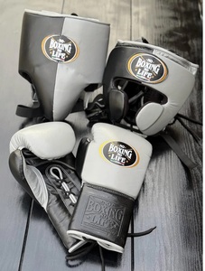 Gray and Black No Boxing No Life Real Cowhide <b>Leather</b> Boxing Gloves Headgear Groin Guard Set Lace-Up Training Adult Full Finger - Product Image 5