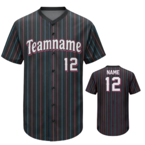 Custom Sublimated Mens <b>Baseball</b> Jersey Teamname 12 Striped Black Red Blue V-Neck Short Sleeve Breathable Full Button Regular Fit - Product Image 4