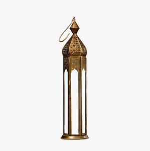 Lanterne décorative de table en métal doré, haute et fine, faite à la main, imprimée UV, style marocain, avec découpes, pour bougie chauffe-plat, décoration intérieure et événements - Product Image 1