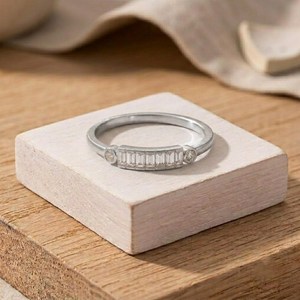 Baguette Cut Lab Grown Diamond With Round Cut Side Stone Eternity <b>Ring</b> Stackable Wedding Band for <b>Couples</b> 10k 14k 18k Solid Gold - Product Image 2