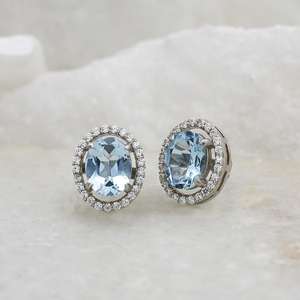 Boucles d'oreilles clous halo en aquamarine, pierre de naissance de mars, en argent sterling 925, cadeau de bijoux pour femme, élégantes boucles d'oreilles de mariée pour mariage - Product Image 5