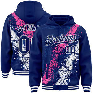 Custom Printed Varsity <b>Jacket</b> <b>Men</b> Plus Size Hooded Navy Pink <b>White</b> Splatter Design Front Back Personalized Name Polyester/Cotton - Product Image 1