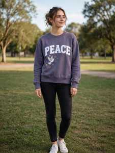 เสื้อสเวตเชิ้ตโอเวอร์ไซส์ผ้าฝ้ายฟลีซสำหรับผู้หญิง คอกลม ป้องกันขนร่วง ตกแต่งด้วยลายปักนกพิราบสัญลักษณ์สันติภาพ ตัวอักษรแบบลำลอง - Product Image 4
