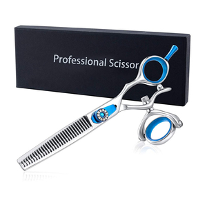 Ciseaux professionnels à effiler les cheveux en acier inoxydable avec poignées bleues et trous ronds pour les doigts, pour usage en salon - Product Image 3