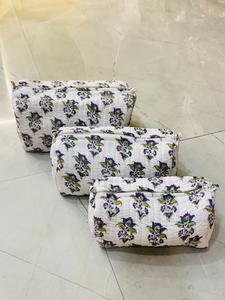 quilted cosmetic <b>bag</b>, block print <b>makeup</b> pouch, Indian quilted cosmetic pouch, travel toiletry <b>bag</b>, <b>makeup</b> <b>bag</b> set of 3, purple - Product Image 3