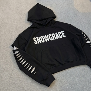 เสื้อฮู้ดดี้สีดำทรงครอป Snowgrace แขนตัดต่อแบบโอเวอร์ไซส์ สไตล์สตรีทแวร์ ใส่ได้ทั้งชายและหญิง เหมาะสำหรับฤดูหนาว - Product Image 2