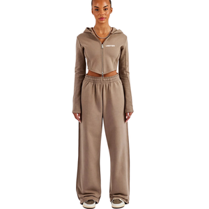 Women Two Piece Casual Set Long Sleeve Half Zip Collared Cropped Pullover Top Elastic Waist Wide Leg <b>Trousers</b> Lounge Outfit Cozy - Product Image 1
