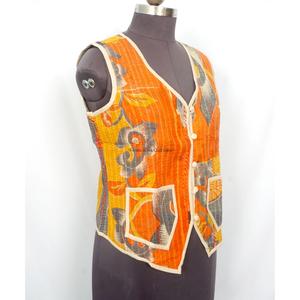 Bohemian Cotton <b>Kantha</b> Printed Short <b>Jacket</b> Handmade Floral Patchwork Sleeveless Artisan Vest Style with v-neckline and pockets - Product Image 3