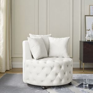 Poltrona Girevole in Velluto con Design Trapuntato a Bottoni e Ruote Mobili, Set per Soggiorno con 3 Cuscini Beige - Product Image 4