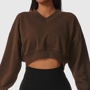 Sudadera Corta con Cuello en V Extra Grande para Mujer, Manga Larga, Color Sólido, Tejida, Informal, para Otoño - Product Image 6