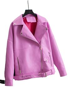 PU Faux Cuir Veste Femmes Lâche Ceintures Casual Biker Vestes Outwear Femme Tops BF Style Noir Veste En Cuir Manteau Rose Couleur - Product Image 6