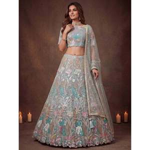 Sparkling Pista <b>Green</b> Embroidered <b>Net</b> Lehenga Choli for Women - Product Image 1