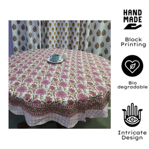Mauve & White Wholesale Premium Reusable Jaipur Block Printed Vintage Floral <b>Round</b> 4 Seater 60" <b>Table</b> <b>Cloth</b> Eco - Friendly - Product Image 2