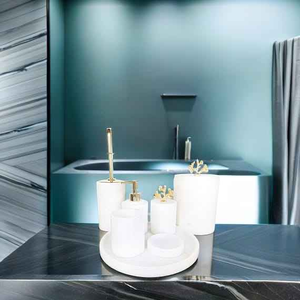 Marble Look Eco-Friendly Resin Angel <b>Bath</b> Room Set Tangerine Premium Design Set of 4 Soap Holder Dispenser <b>Tumbler</b> and Tray - Product Image 2