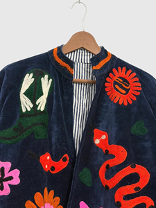 Veste en velours brodée à la main avec des motifs floraux, manches longues, col mandarin, taille plus, vêtements de printemps pour femmes - Product Image 6