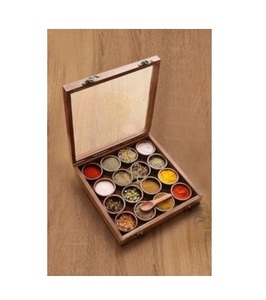 Boîte à épices en bois indienne pour la maison, le restaurant, l'hôtel, organisateur décoratif de masala dabba, conteneur de rangement pour épices, 100% fait main - Product Image 1