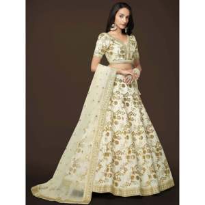 Vestido de Novia, Lehenga Choli de Seda Blanca con Adornos Zari - Product Image 2
