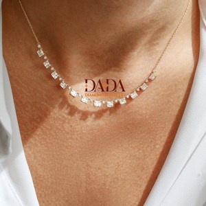 Collar de tenis con diamantes cultivados en laboratorio de corte esmeralda para mujer, collar con estaciones de diamantes alternadas, cadena de diamantes de lujo minimalista - Product Image 1
