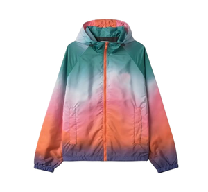 Veste coupe-vent à sublimation multicolores, personnalisable, décontractée, zippée, pour le sport, la course à pied, et les activités de plein air, avec capuche et fonction imperméable. - Product Image 1
