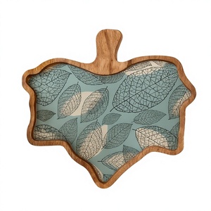 Bohemian <b>Leaf</b> Print Wooden Serving Tray with Handle Multi-Functional Decorative Snack & Tea Tray for Kitchen - Product Image 1