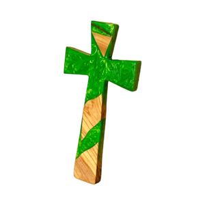 Art mural en forme de croix en résine-Sculpture en bois d'olivier géométrique moderne avec accents néon pour décor spirituel - Product Image 1