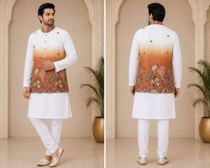 Ensemble Kurta blanc infroissable toutes saisons pour homme avec gilet imprimé paon orange, tenue de mariage indienne traditionnelle, coupe droite en coton - Product Image 3