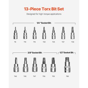 Set di 13 Bussole Torx in Acciaio Legato S2 Cr-V con Attacco da 1/4\", 3/8\", 1/2\" - T8-T60 Star - Prodotto Migliorato - Product Image 3