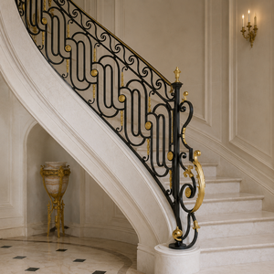 Rampe d'escalier incurvée en fer forgé noir et or de luxe, balustrade ornée pour la décoration intérieure de villas et de maisons de prestige - Product Image 2