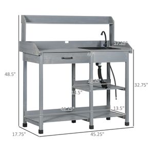 Tavolo da Giardinaggio in Legno Grigio con Lavello Rimovibile, Gancio per Tubo, Cassetto, Ripiani e Ganci - Product Image 3