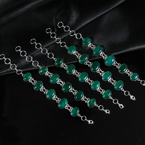 Handmade 925 Sterling Silver Plated Green Chalcedony / Green Onyx Gemstone Multi-<b>Stone</b> Oval Link <b>Bracelet</b> Opaque <b>Stone</b> Jewelry - Product Image 4