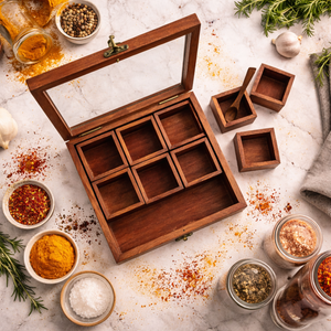Handmade Indian Rosewood Spice <b>Box</b> Glass Lid 9 Compartments Customized Table Top Spice Storage Organizer Spoon Dishwasher Safe - Product Image 3