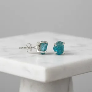 Tranquil Ocean Blue Apatite 925 Sterling Silver Raw Stone Ear Studs Handmade Jewelry Claw Setting Minimalist Everyday Wear - Product Image 3