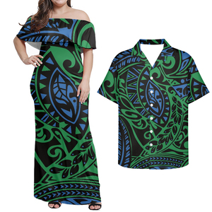 Matching Couple Outfit Evening <b>Dresses</b> Party <b>Hawaii</b> Polynesian Tribal Plumeria Floral Print Women Ruffle Off Shoulder <b>Dress</b> - Product Image 4