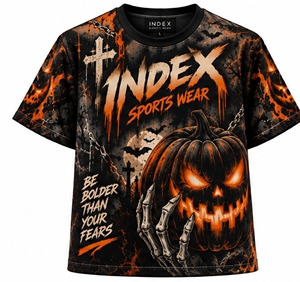 Index Camiseta con estampado de calabaza y murciélago de Halloween para hombre, manga corta, cuello redondo, diseño gótico, corte regular - Product Image 1