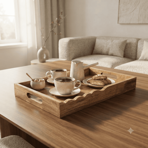Plateau de service rectangulaire en bois artisanal, grand format, pour petit-déjeuner, café, thé, nourriture, avec poignées et bord surélevé - Product Image 2