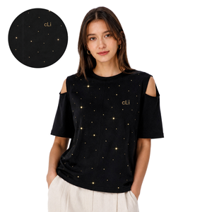 <b>Rhinestone</b> Embellished women's shirt Solid Black Cut-Out Sleeve Tshirt Customized Crew Neck Regular Fit Casual Shirt Trendy Wear - Product Image 1