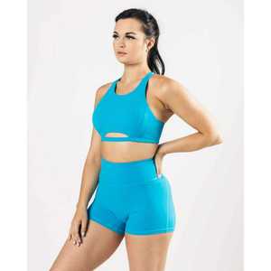 Women <b>Halter</b> <b>Neck</b> Sports <b>Bra</b> Cut-Out Design Medium Support Breathable Solid Color Fitness Wear Blue - Product Image 3