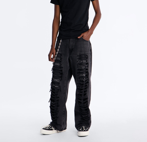Jeans de Mezclilla Negros Rotos Estilo Punk para Hombre, Corte Recto, Ajuste Holgado, Lavado Desgastado, Algodón de Peso Medio, para Otoño - Product Image 1