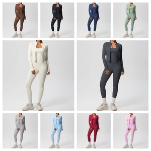 New Custom 3PCS Activewear Sports <b>Jacket</b> Suit Clothing Seamless <b>Workout</b> Gym Fitness Yoga Sets for Women - Product Image 4